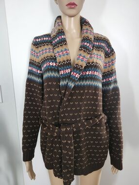 CHAPS Womens Fair Isle Aztec Shawl Collar Belted Cardigan Sweater Medium Petite